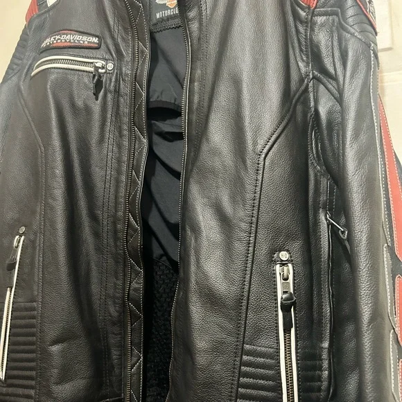 Harley-Davidson Black Leather Jacket with Red and White Accents